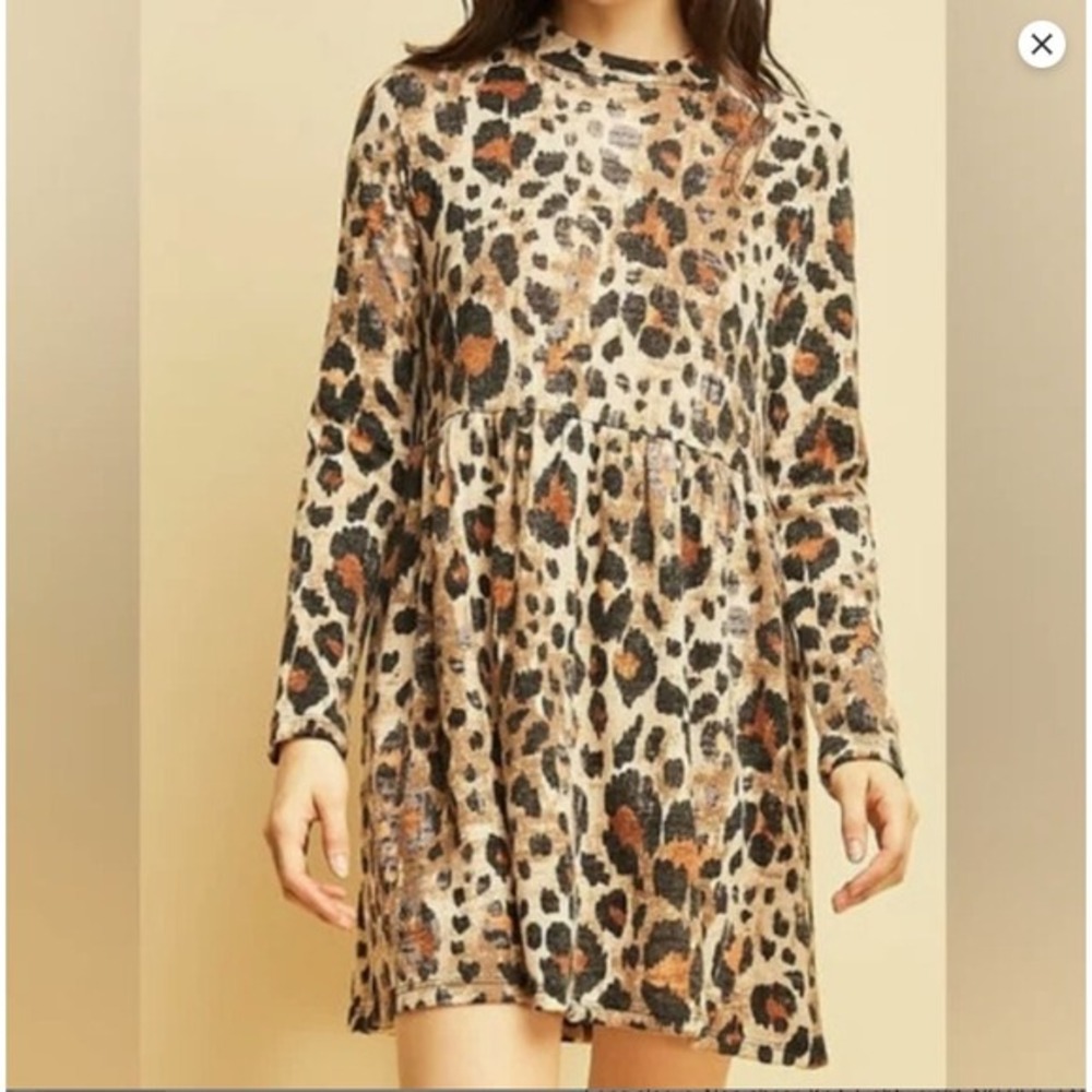 Entro Leopard Print Babydoll Dress Long Sleeve Knit Tunic Brown Tan Medium 3301